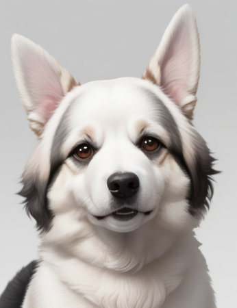 Close-up portrait of a Border Collie dog, isolated on gray backgroundの素材