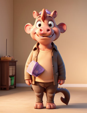 Cute pig with a piggy bank in his hands. 3d renderingの素材