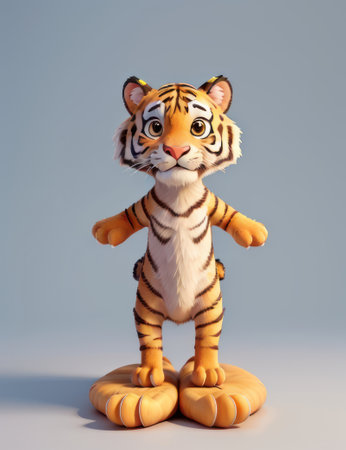 Tiger toy isolated on blue background, 3d illustration, 3d renderingの素材