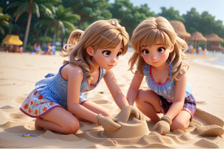 Two dolls sitting on the sand on the beach in the summer.の素材