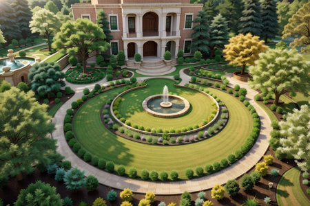 3D render of a park with a fountain and a building.