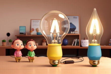 Cute little children with light bulbs on table in room. Idea conceptの素材