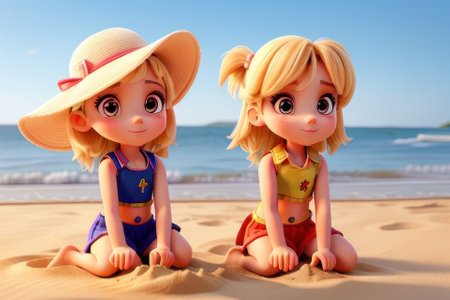 3D Illustration of a Summer Vacation Concept - Two Little Girls on the Beachの素材