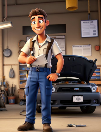 Smiling mechanic standing near car in auto repair shop and holding clipboardの素材