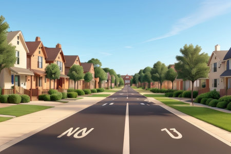 3D render of a road in a suburban neighborhood with identical housesの素材
