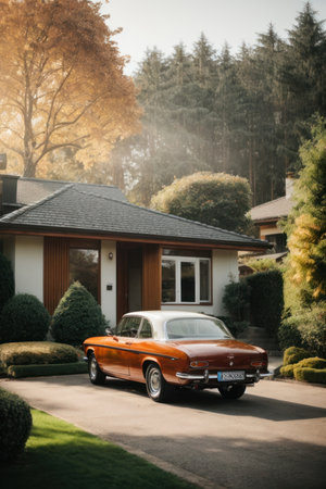 Vintage car in front of a house with trees in the backgroundの素材