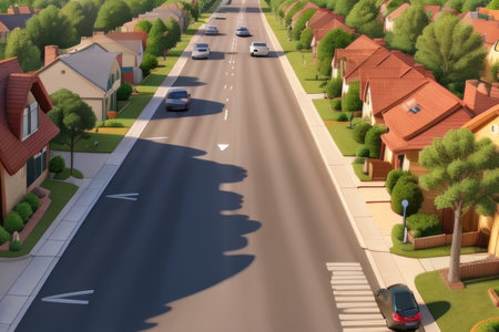 3d render of a suburban street with houses and trees in the backgroundの素材