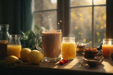 Mug of coffee and ingredients on wooden table near window at homeの素材