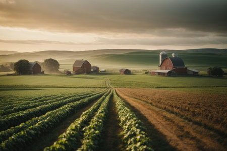 American Countryside with red barns and vineyards at sunset.の素材
