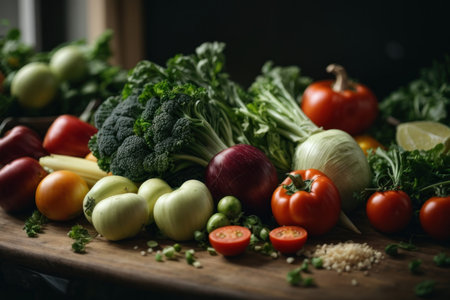 Fresh vegetables on wooden table. Healthy food concept. Selective focus.の素材