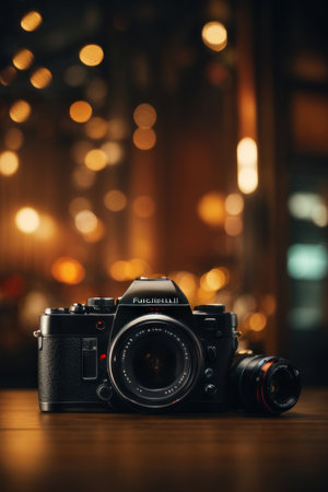 Retro camera on wooden table in front of bokeh backgroundの素材