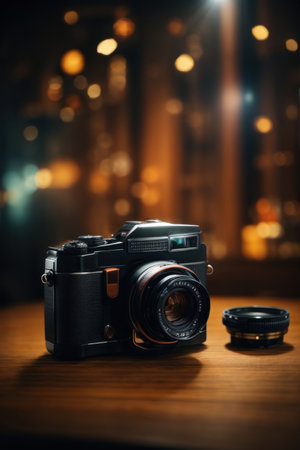 Vintage camera on wooden table with bokeh lights in backgroundの素材