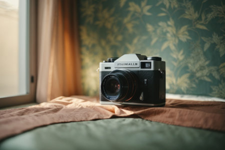 Retro camera on the bed in the bedroom. Vintage style.の素材