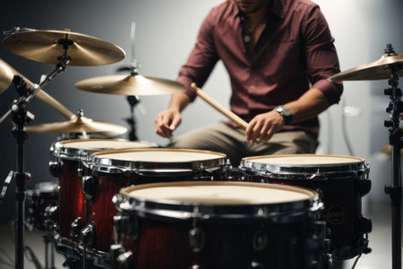 Close up of man playing drums in recording studio. Music concept.の素材