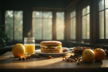 Breakfast with coffee, orange juice and cookies on a wooden tableの素材