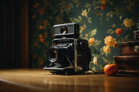 Vintage camera on a wooden table in a room with flowers.の素材