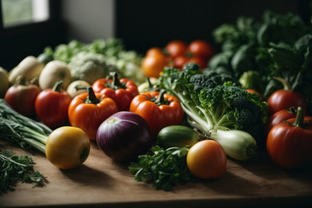Fresh vegetables on a wooden cutting board. Selective focus. Food backgroundの素材