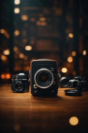 Retro camera on a wooden table in front of a bokeh backgroundの素材