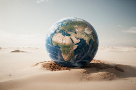 Planet Earth in the desert with sand dunes and blue sky.の素材