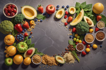 Healthy food clean eating selection: fruits, vegetables, superfoods and seeds. Top view with copy spaceの素材