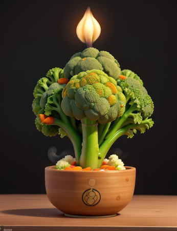 Broccoli in a pot with a burning candle. 3d illustrationの素材