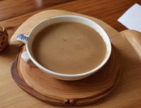 Coffee in a white cup on a wooden table, top viewの素材