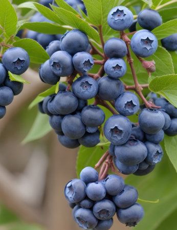 Bunch of ripe blueberries on a branch in the garden.の素材
