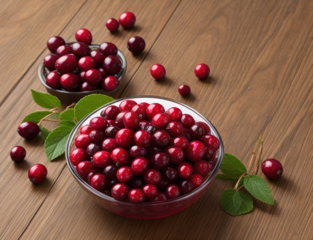 Cranberries in a glass bowl on a wooden background. Selective focus.の素材