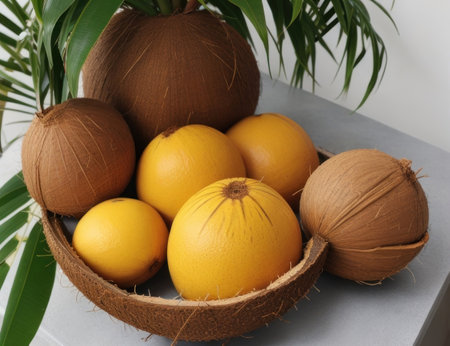 Coconut fruits and coconuts in a wooden bowl.の素材