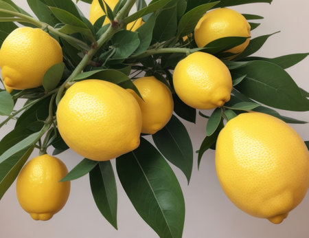 Lemons on a branch with leaves on a white background.の素材