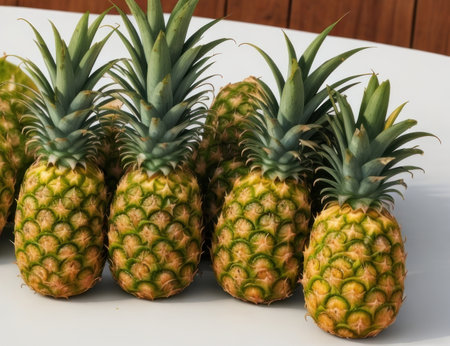 Pineapples on white background, close-up, selective focusの素材