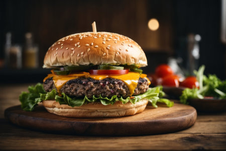 Cheese burger - American cheese burger with fresh vegetables on wooden backgroundの素材