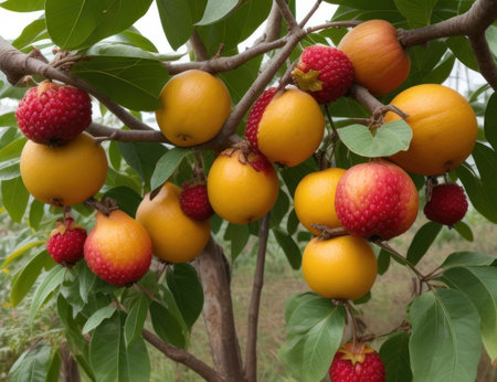Ripe fruits on the branches of a tree in the garden.の素材