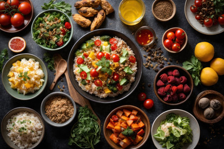 Healthy balanced breakfast bowl with quinoa, vegetables, fruits, cereals and nuts on dark backgroundの素材