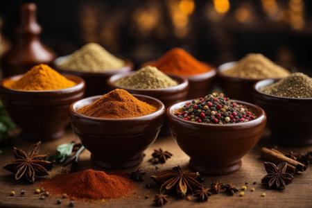 Spices and herbs in bowls. Food and cuisine ingredients background.の素材