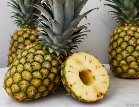 Pineapples on a white marble table, close-upの素材