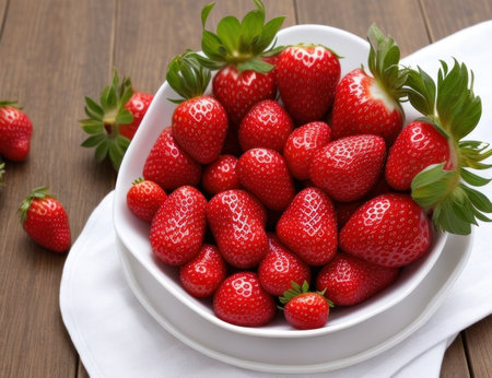 Strawberries in a bowl on a wooden table, close upの素材