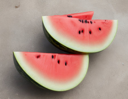 Slices of fresh watermelon on grey background, top viewの素材