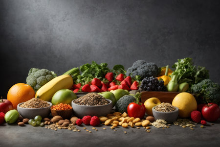 Healthy food background. Fresh fruits and vegetables on grey table.の素材
