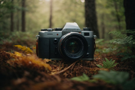 Vintage camera in the forest. Retro film camera in the forest.の素材