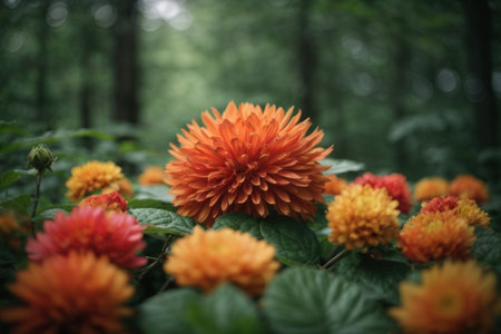 Colorful dahlia flower in the forest. Selective focus.の素材