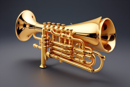 3d rendering of a golden trumpet on a dark grey background.の素材