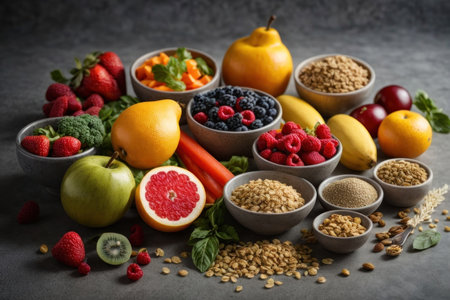 Healthy food clean eating selection: fruits, berries, cereals, superfoods.の素材