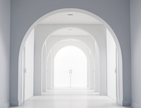 White corridor with arches and a door. 3d rendering.の素材