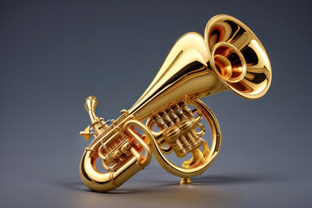3d rendering of a golden trumpet on a gray gradient background.の素材