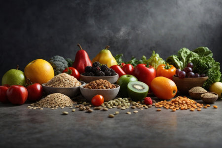 Healthy food background. Fruits and vegetables. Balanced diet.の素材