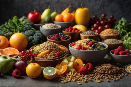 Healthy food clean eating selection. Superfoods rich in fiber, antioxidants, vitamins and minerals.の素材