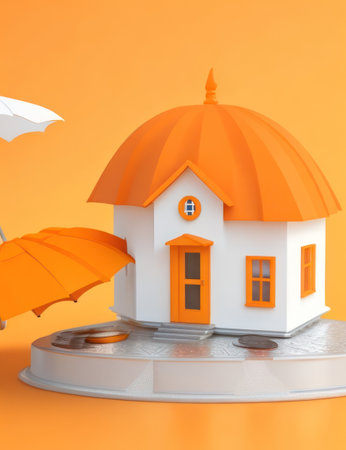 3d render of house with umbrella and raincoat on orange backgroundの素材