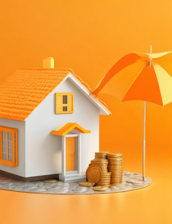 House with coins and umbrella on orange background. Real estate concept.の素材