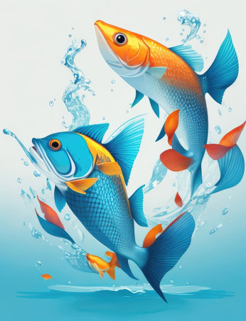 illustration of a group of fish in water, blue and orangeの素材